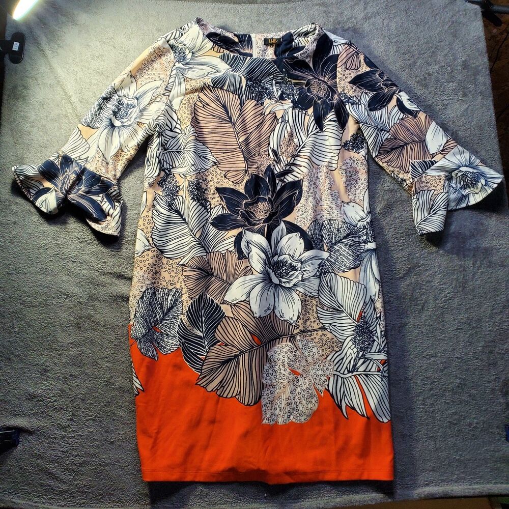 ILE New York Abstract Floral Dress Size 16 Bell Sleeves Knee Length Artsy Stark
